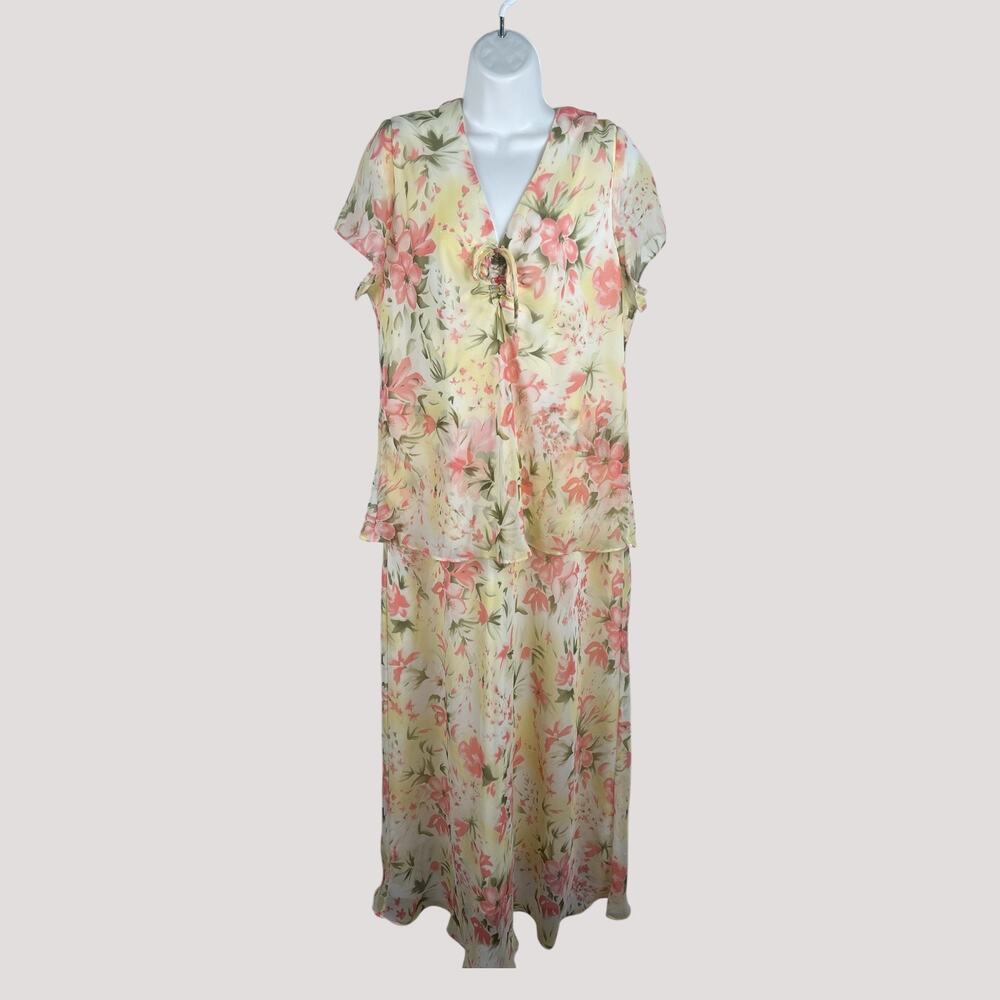 Vintage Miss Dorby‎ Floral Chiffon Maxi Dress Size 18 Pastel Flutter Sleeve Boho